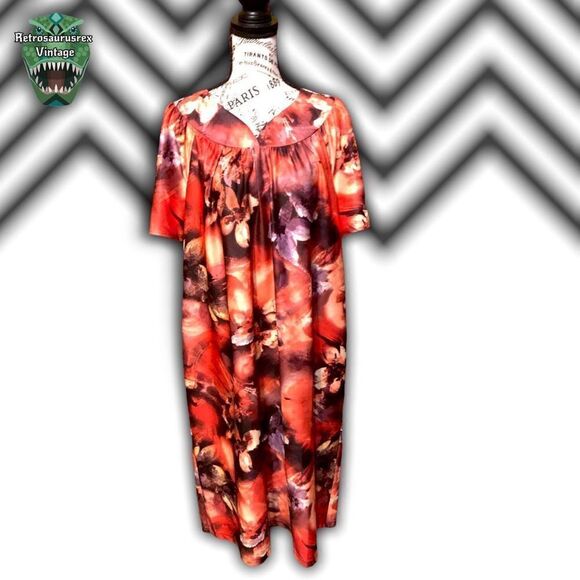 Vintage Hippie Burnt Orange Hawaiian Floral Anthony Richards Caftan Dress, large - Picture 6 of 7